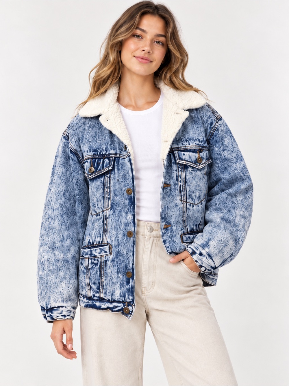 🍁Vintage 80s Bon Jour Acid Wash Sherpa Lined Denim Jacket Small